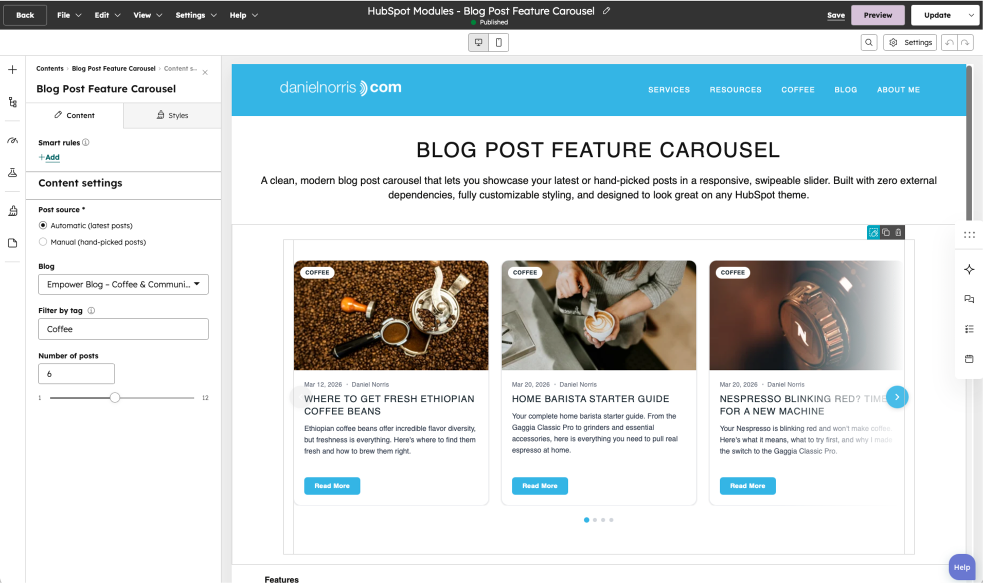 Set number of posts and filter by tag or manual selection.