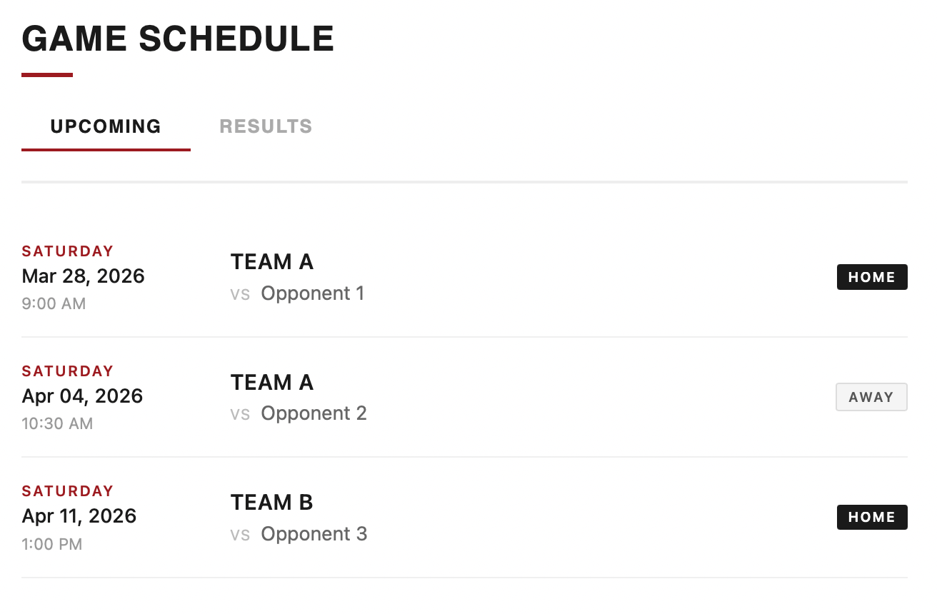 Upcoming games view with dates, opponents, kickoff times, and home/away badges